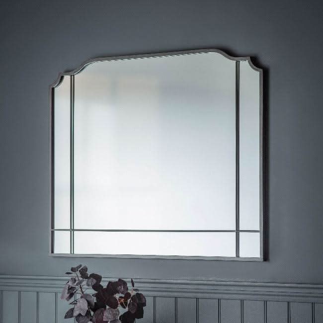 Art Deco overmantle mirror in grey, 105cm x 86.5cm, with elegant design and unusual top shape, suitable for various interiors.